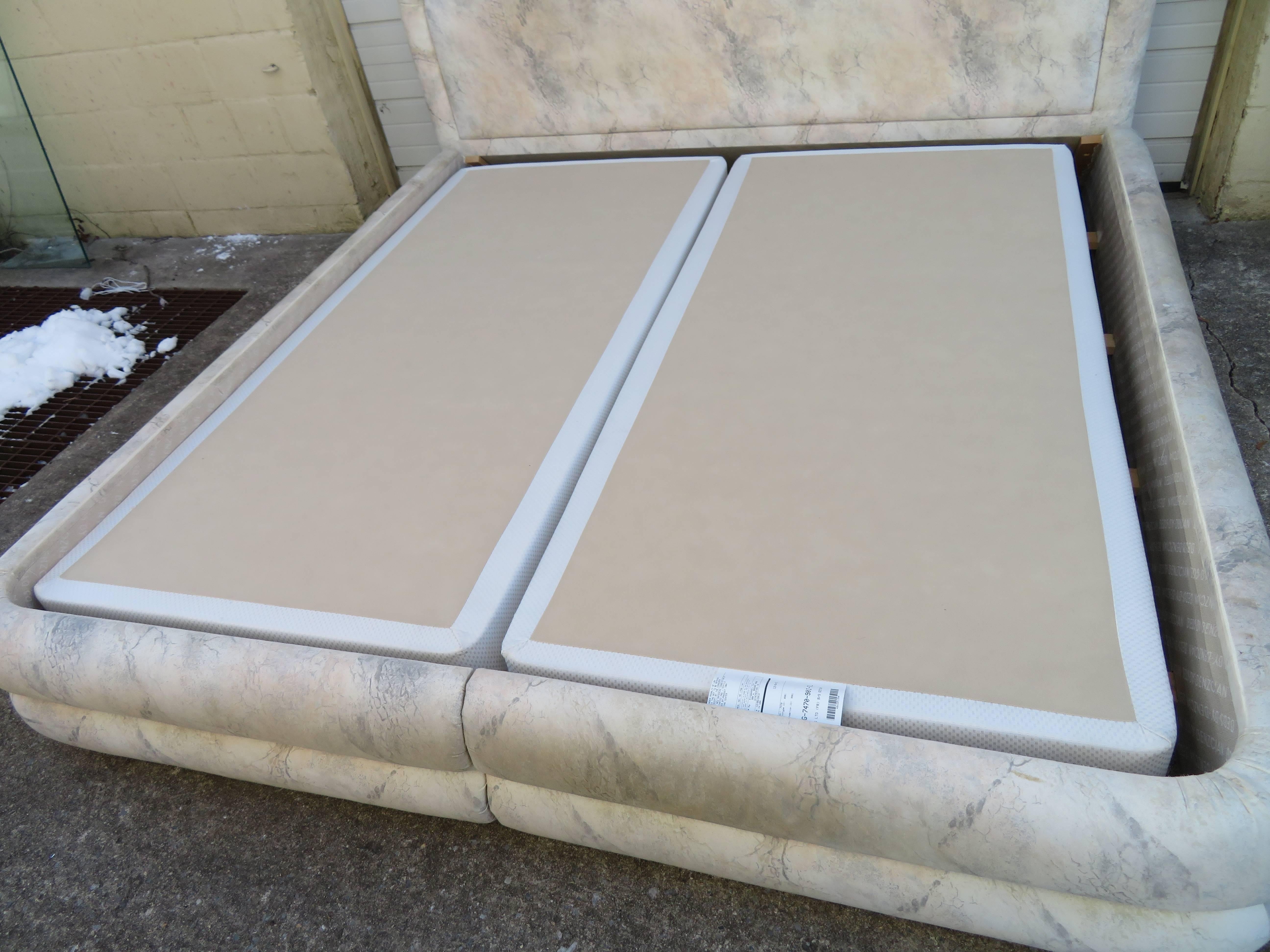Nice vintage modern Steve Chase style upholstered king-size bed. This is a perfect candidate for re-upholstery as the original fabric is dated. Bed measures 40