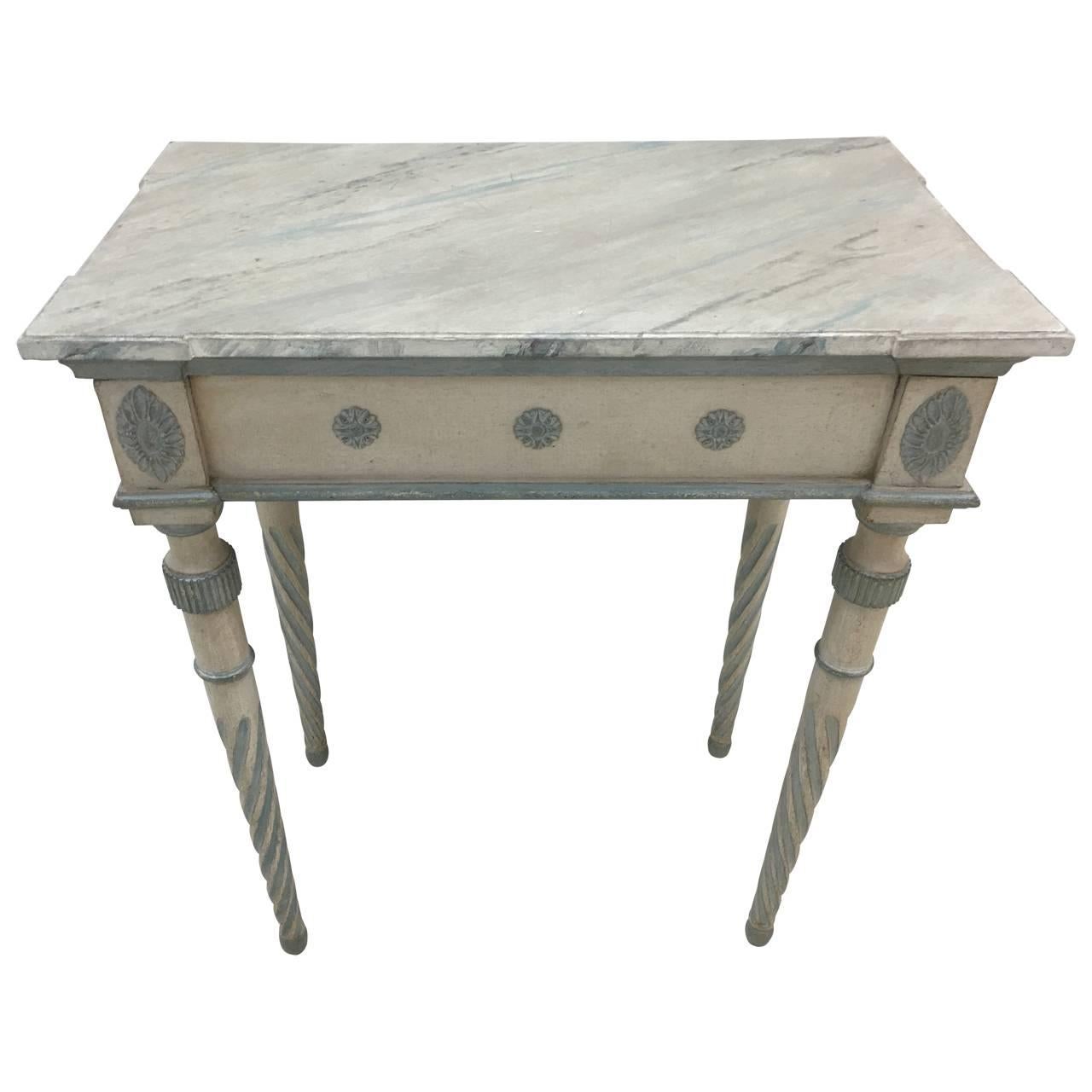 Grey and blue painted console with a faux marble wood top.
