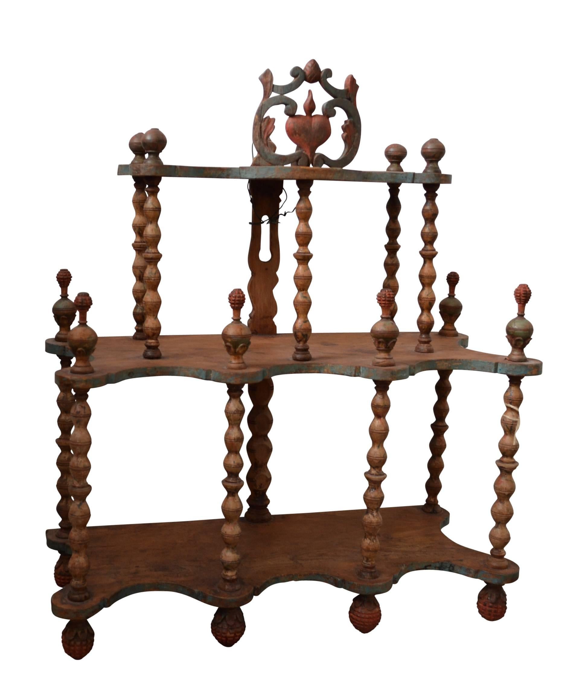Painted 18th Century Folk Art Shelf With Heart And Pineapple Carvings  For Sale
