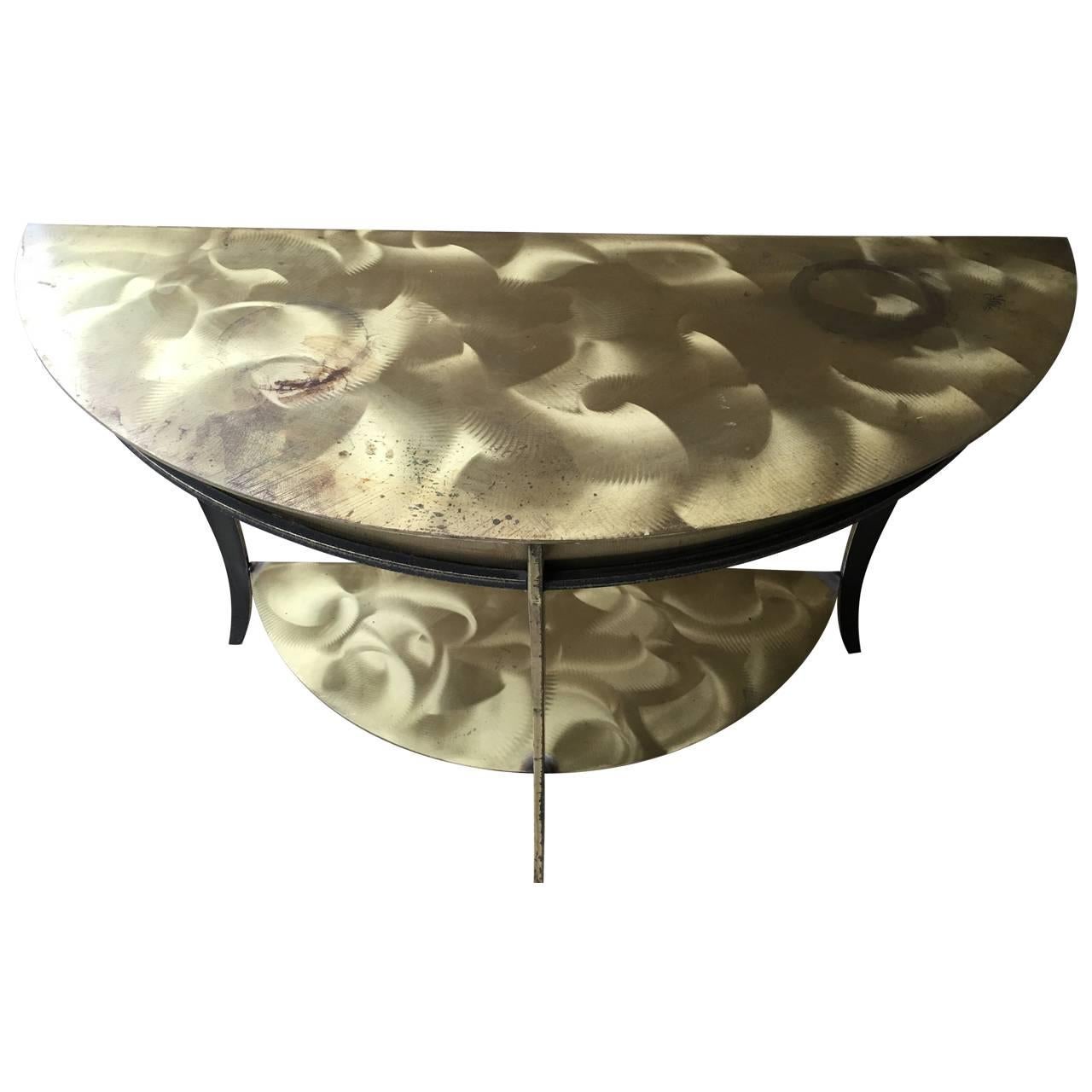 American Two-Tier Brushed Brass And Steel Demilune Console For Sale