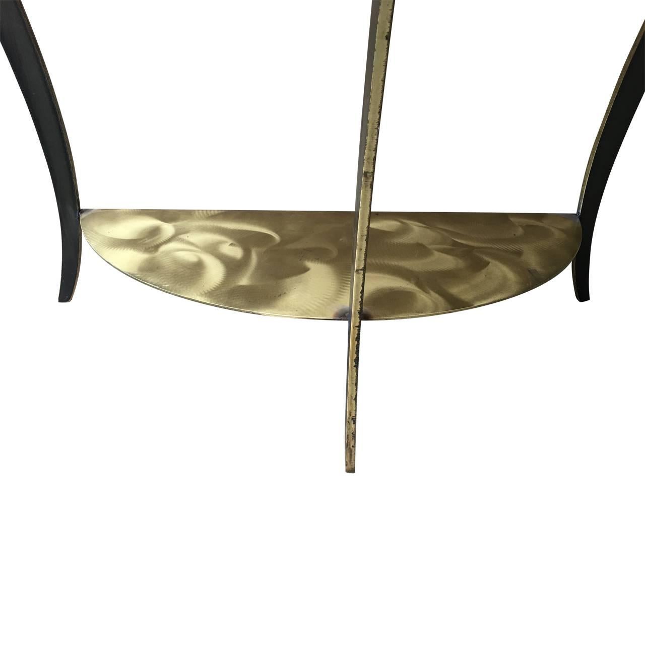 Two-Tier Brushed Brass And Steel Demilune Console In Good Condition For Sale In Haddonfield, NJ
