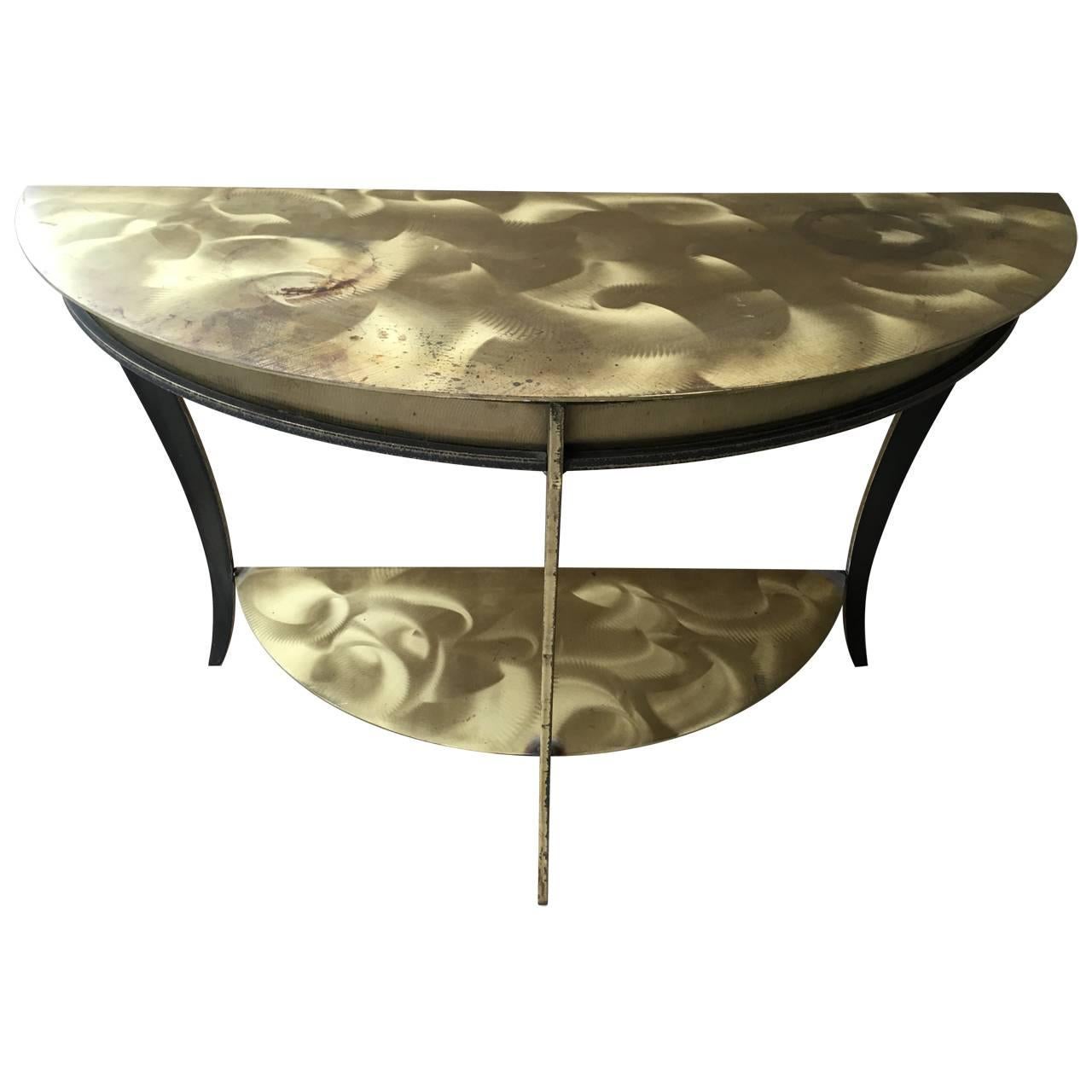 Two-Tier Brushed Brass And Steel Demilune Console For Sale