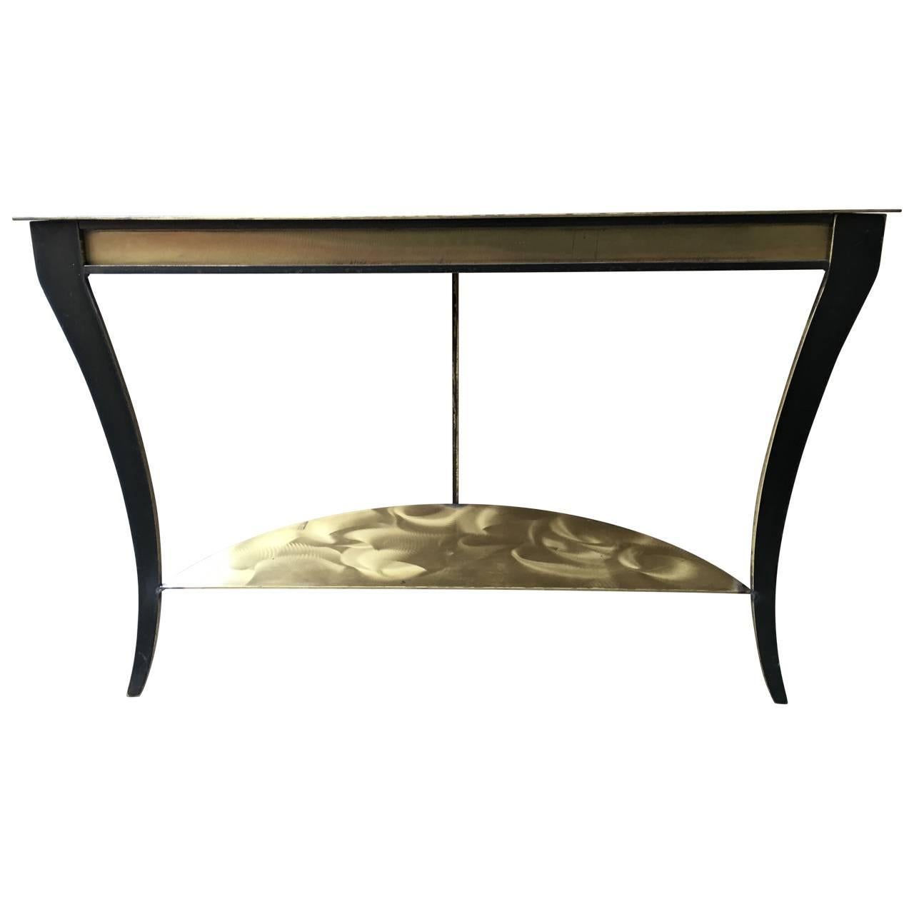 20th Century Two-Tier Brushed Brass And Steel Demilune Console For Sale