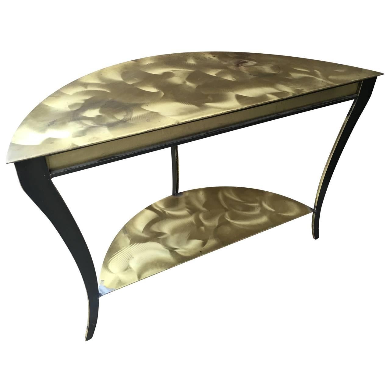 Two-Tier Brushed Brass And Steel Demilune Console For Sale 1