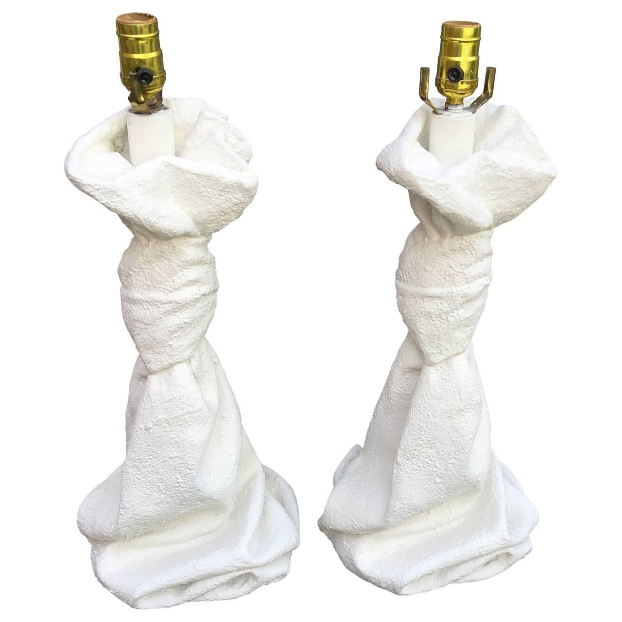 Molded Pair of J. Dickinson Style Draped Plaster Lamps