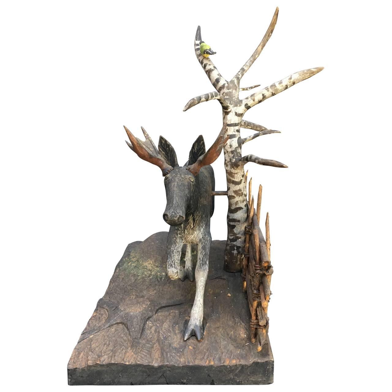 Wood 19th Century Folk Art Centerpiece of Moose