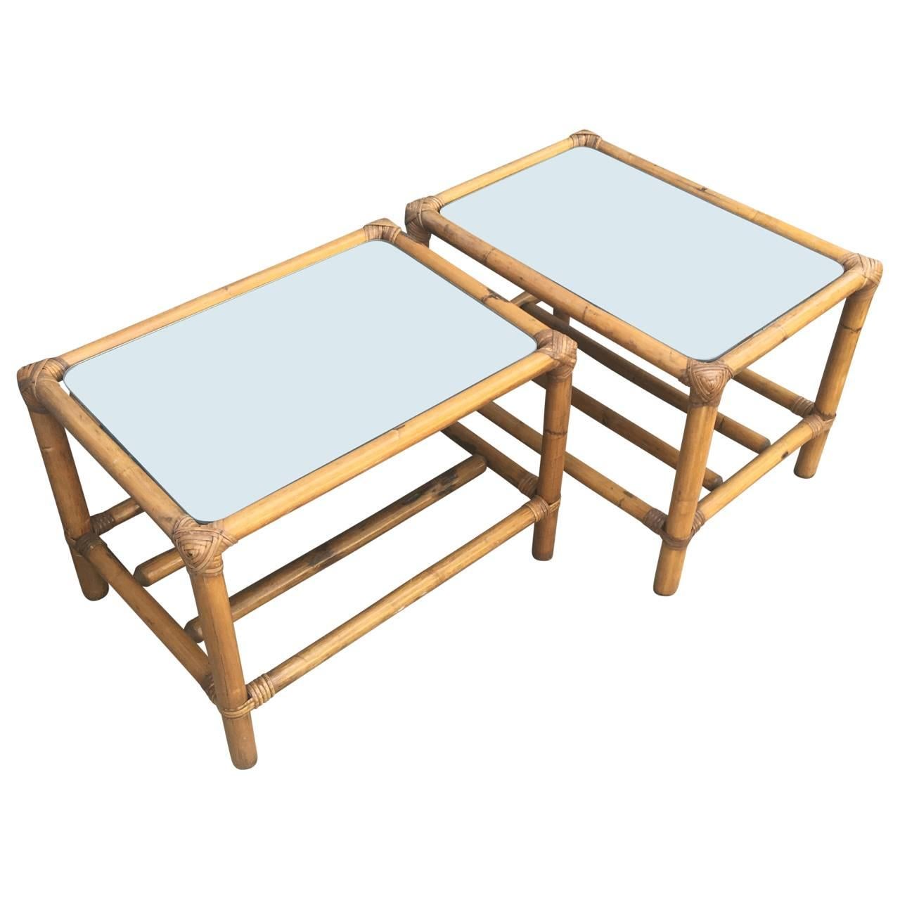 American Pair of Mirror-Top Bamboo End Tables For Sale