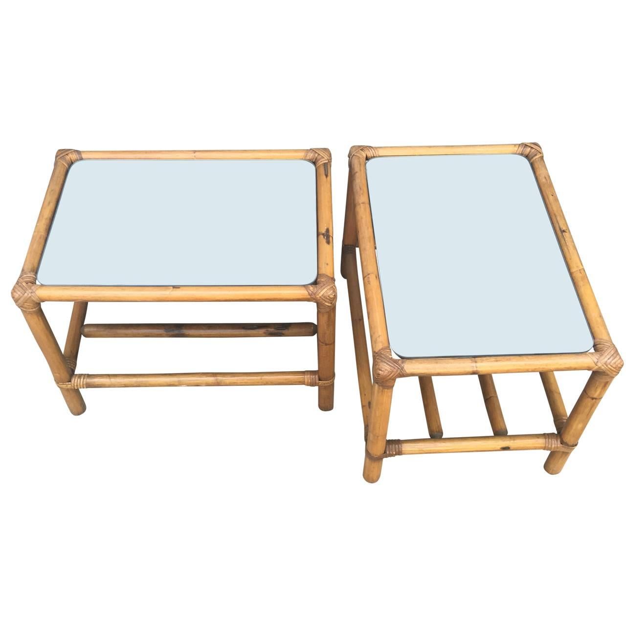 Mid-Century Modern Pair of Mirror-Top Bamboo End Tables For Sale