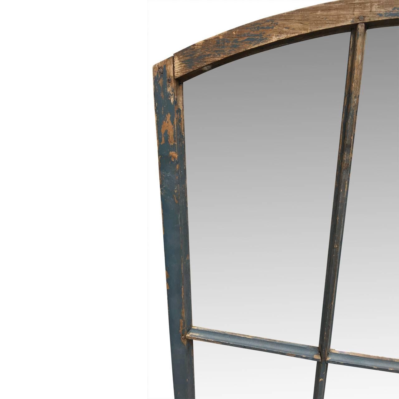 Large 19th century folk art window frame in original paint and patina, with six newly installed pieces of mirror glass.