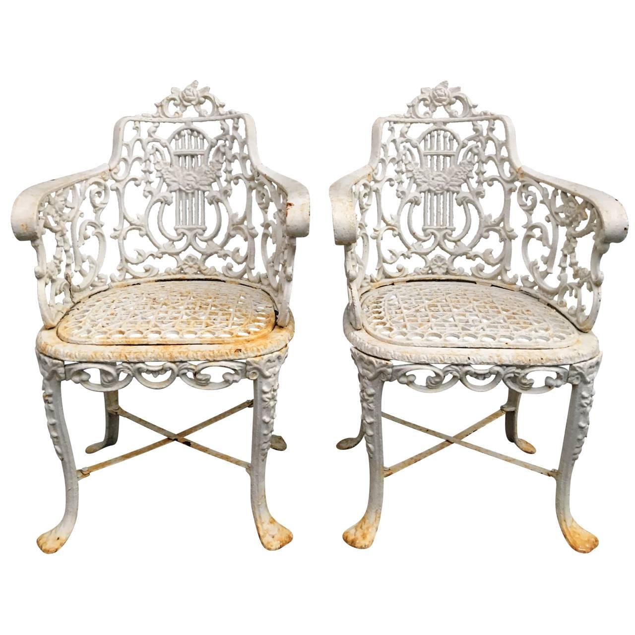 Pair Of Early Cast Iron Patio Armchairs, Robert Wood Foundry