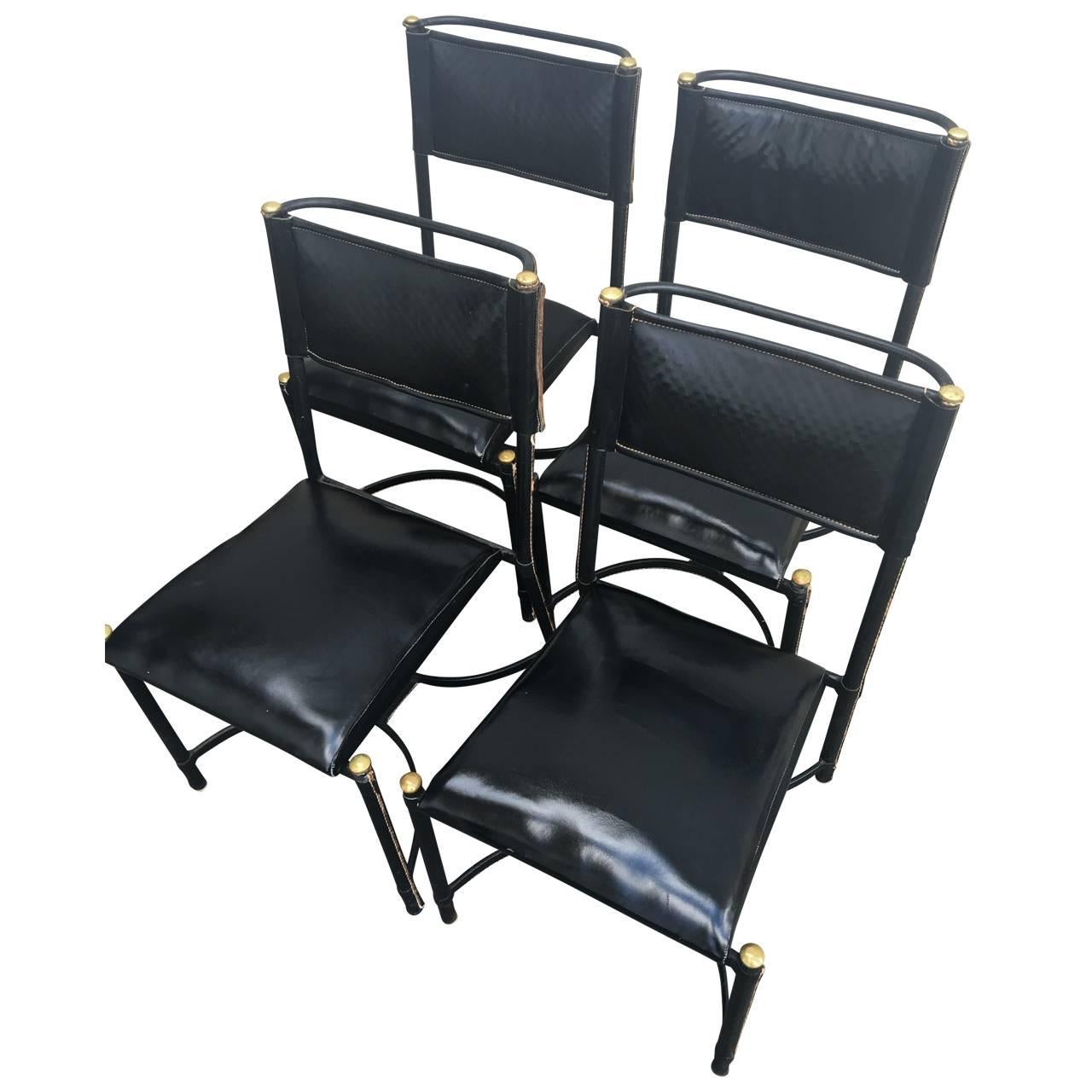 Leather Rare Set of Six Vintage Adnet Dining Chairs