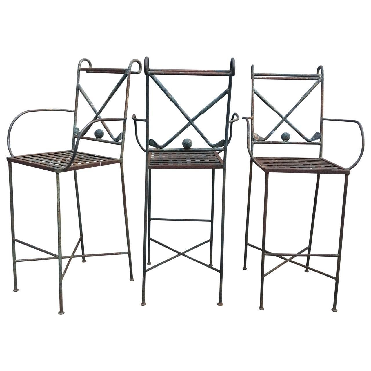 Hollywood Regency Set of Three Metal Golf Bar Chairs