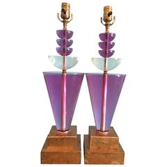 Pair of Purple Lucite Lamps by Van Teal, Signed
