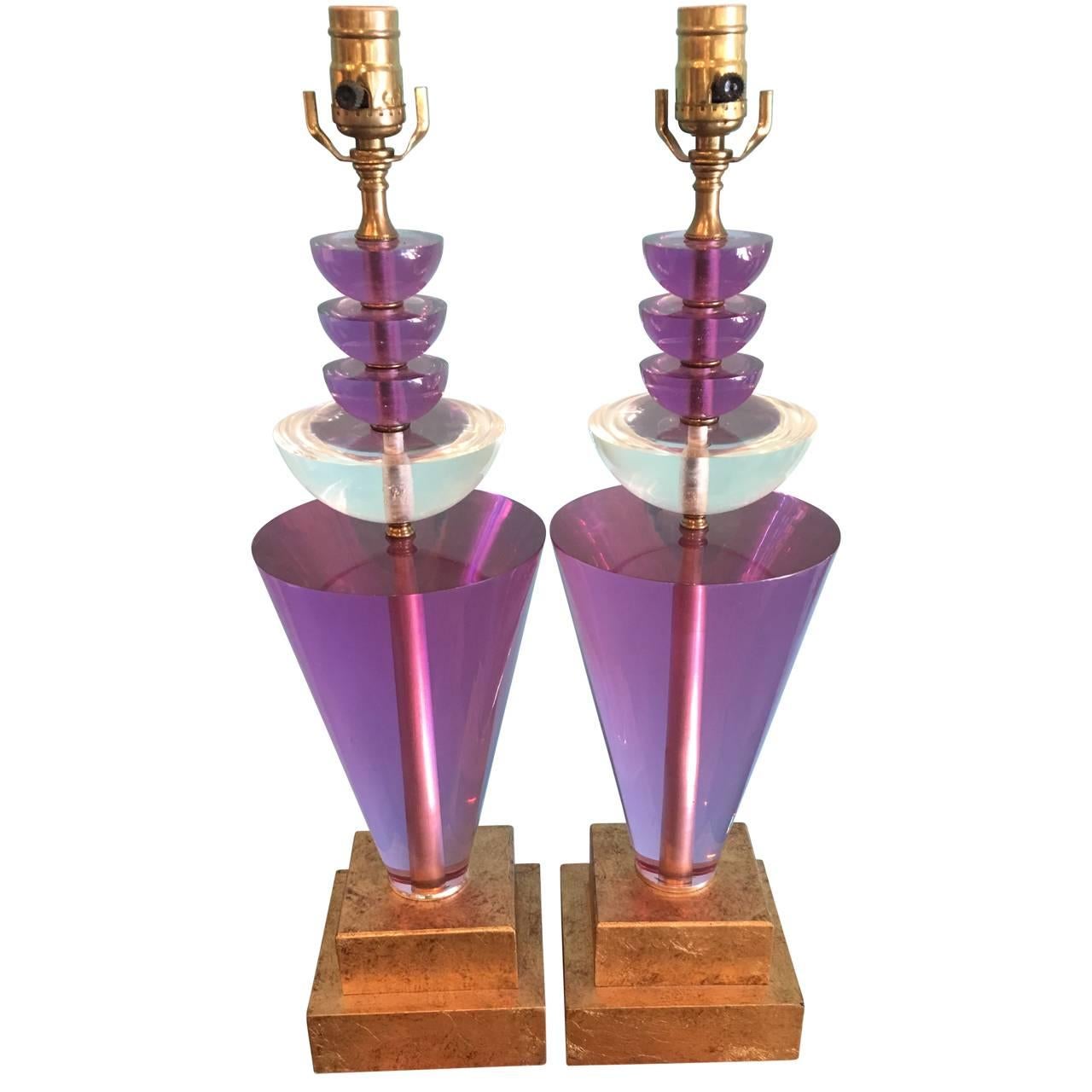 Pair of Purple Lucite Lamps by Van Teal, Signed