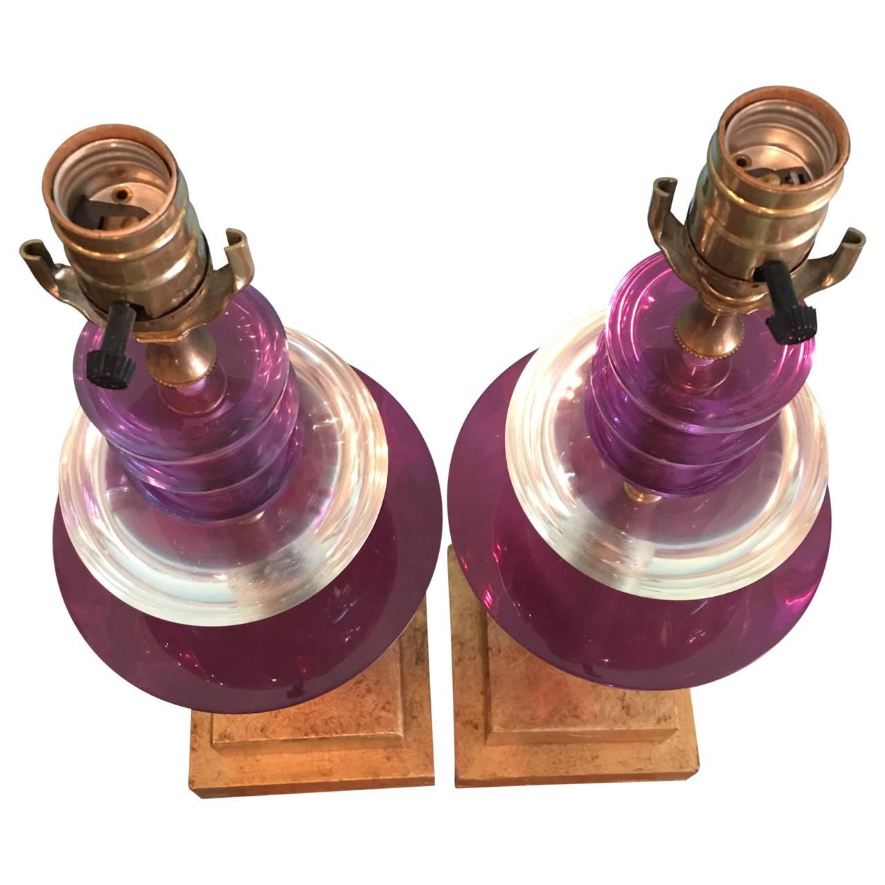 Pair of Purple Lucite Lamps by Van Teal, Signed In Good Condition In Haddonfield, NJ