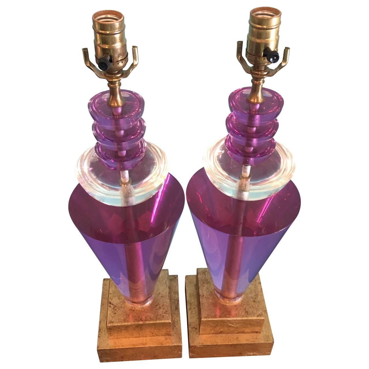 American Pair of Purple Lucite Lamps by Van Teal, Signed