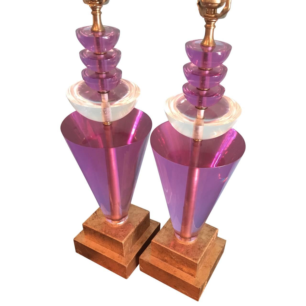 19th Century Pair of Purple Lucite Lamps by Van Teal, Signed