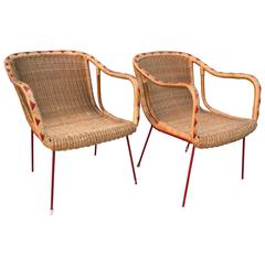 Italian Wicker Patio Furniture Set, Table and Two Chairs, circa 1930s