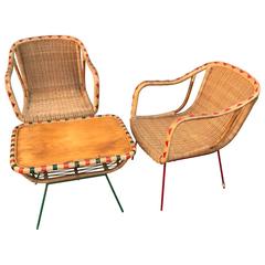 Antique Italian Wicker Patio Furniture Set, Table and Two Chairs, circa 1930s