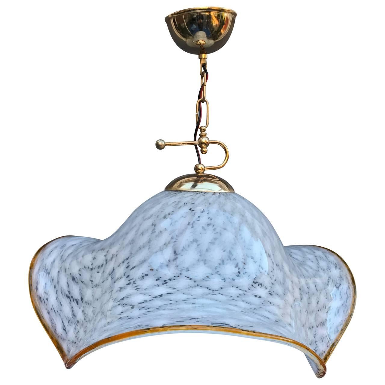Thick Murano bell shaped and ruffled pendant with brass hardware and ceiling cover