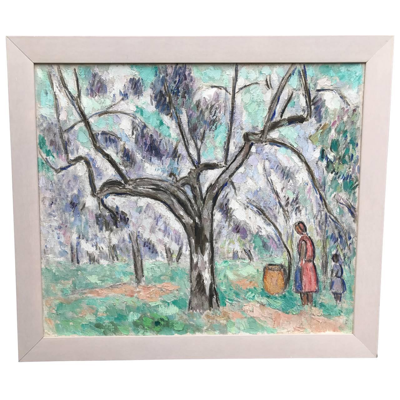 Pair of impressionist oil paintings depicting workers gathering fruit in an orchard.