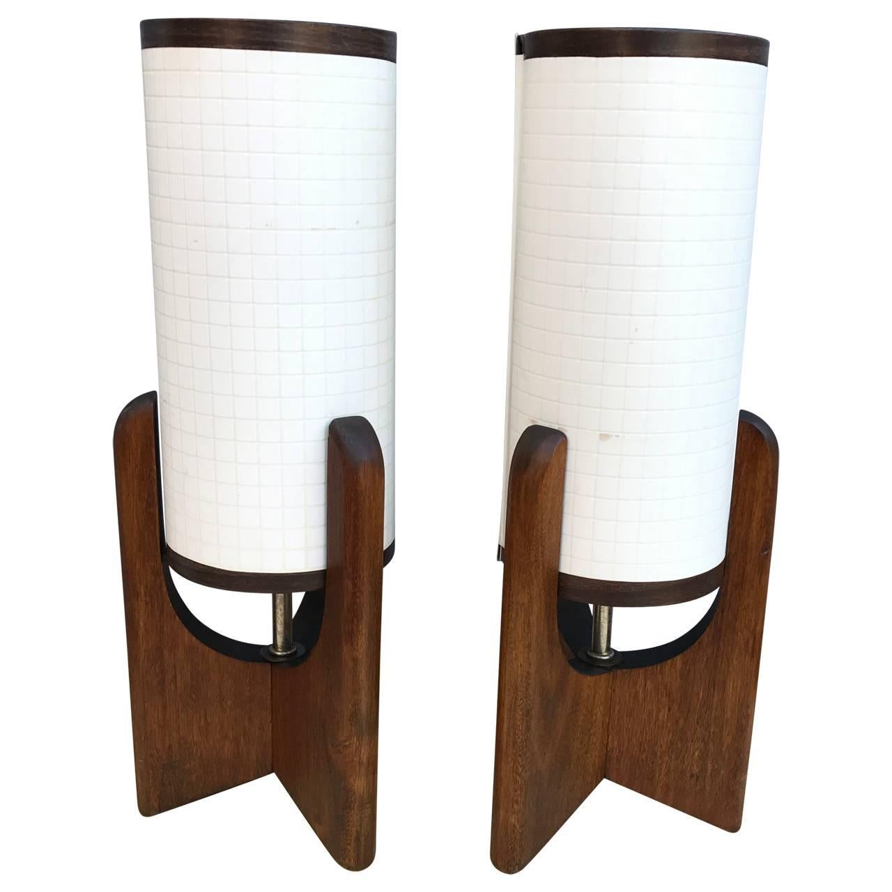 Pair Of Small Scandinavian Style Mid-Century Modern Bedside Teak Table Lamps 