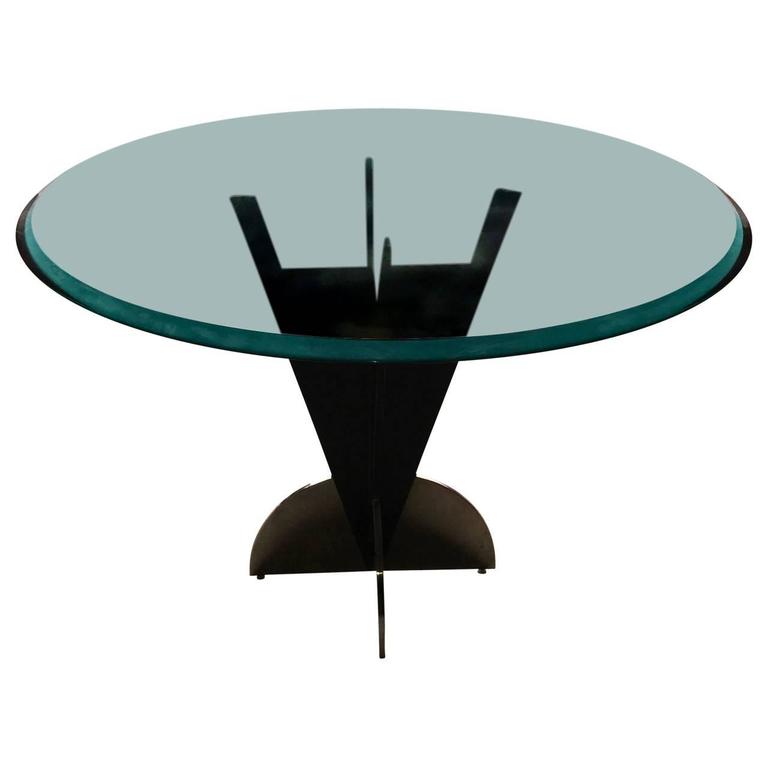American Modern Steel Dining Table With Round Tinted Glass Top at 1stDibs