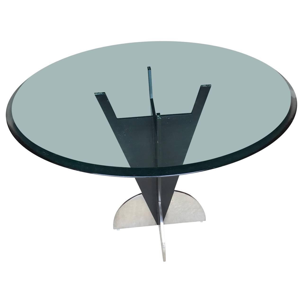 Beveled American Modern Steel Dining Table With Round Tinted Glass Top 