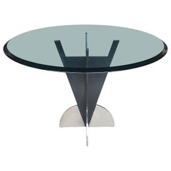 American Modern Steel Dining Table With Round Tinted Glass Top 