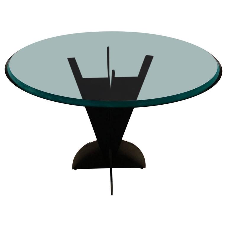 American Modern Steel Dining Table With Round Tinted Glass Top at 1stDibs