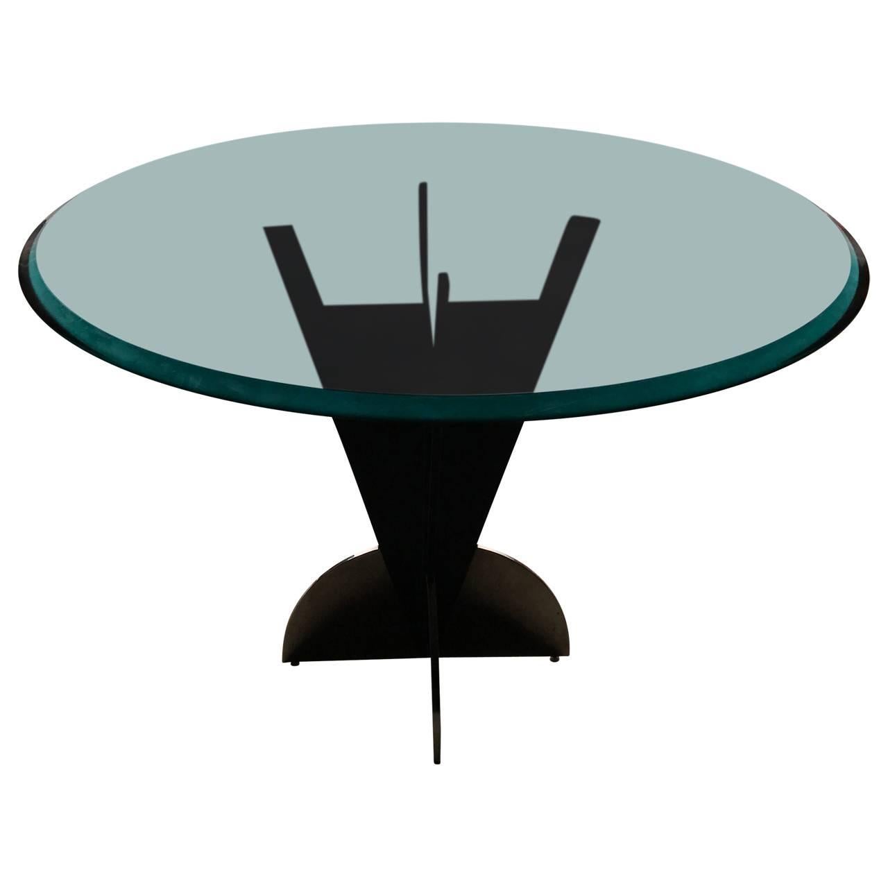 20th Century American Modern Steel Dining Table With Round Tinted Glass Top 