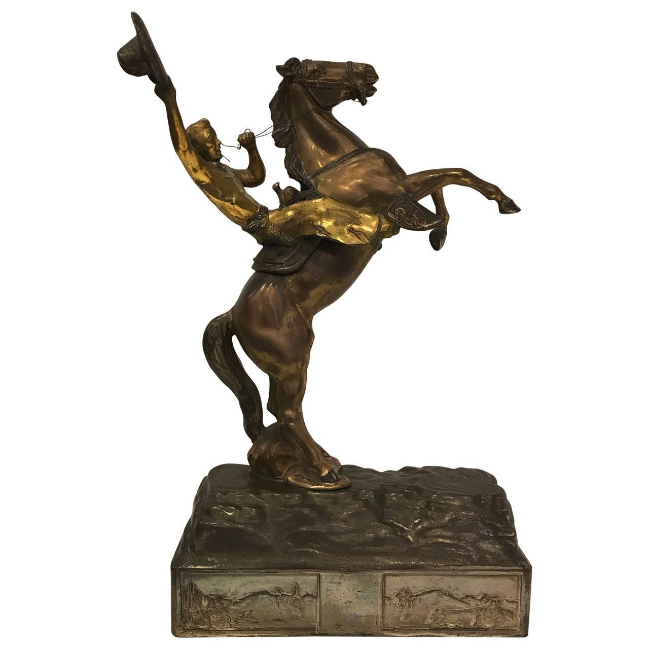 American Large Wild West Cowboy and Horse Sculpture For Sale