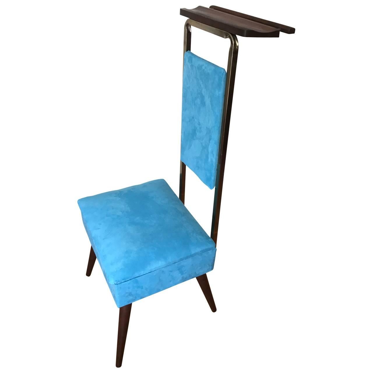 Suede Mid-Century Modern Valet Butlers Chair in Turquoise Fabric