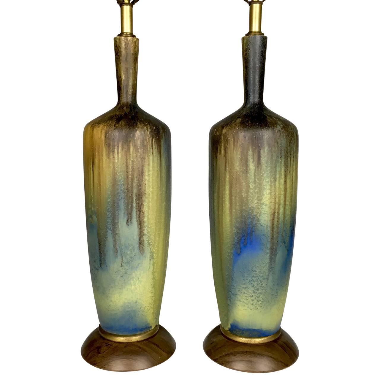 Pair of Large Mid-Century Volcanic Drip Ceramic Lamps In Excellent Condition In Haddonfield, NJ