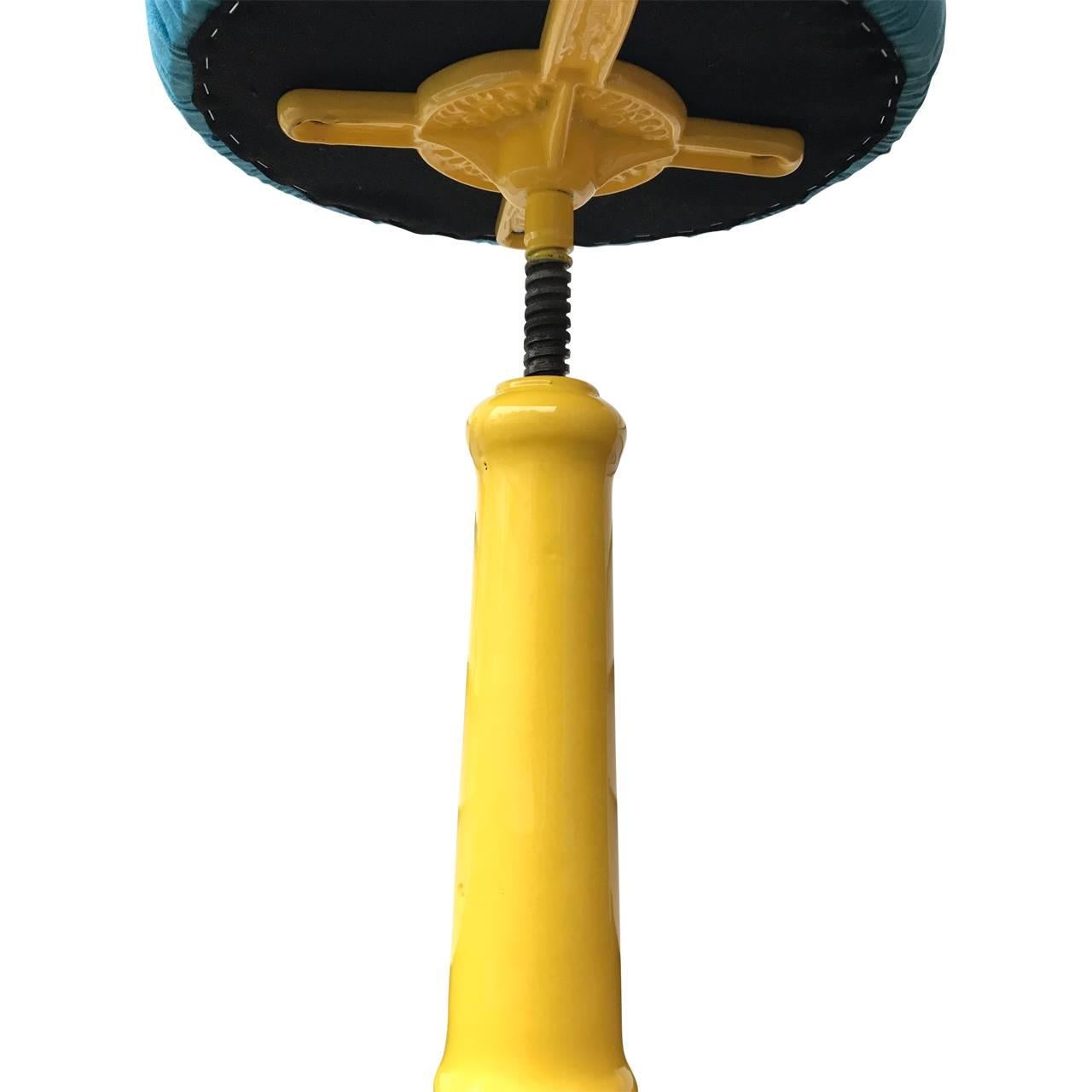 Industrial Yellow Metal Stool with Faux Blue Suede Seat, circa 1873 In Good Condition In Haddonfield, NJ