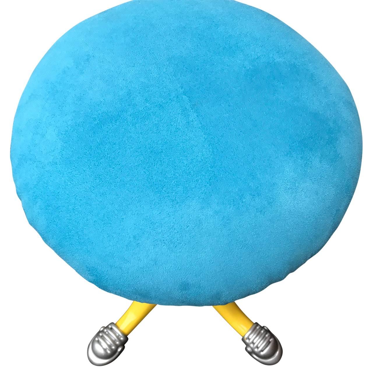Brushed Industrial Yellow Metal Stool with Faux Blue Suede Seat, circa 1873