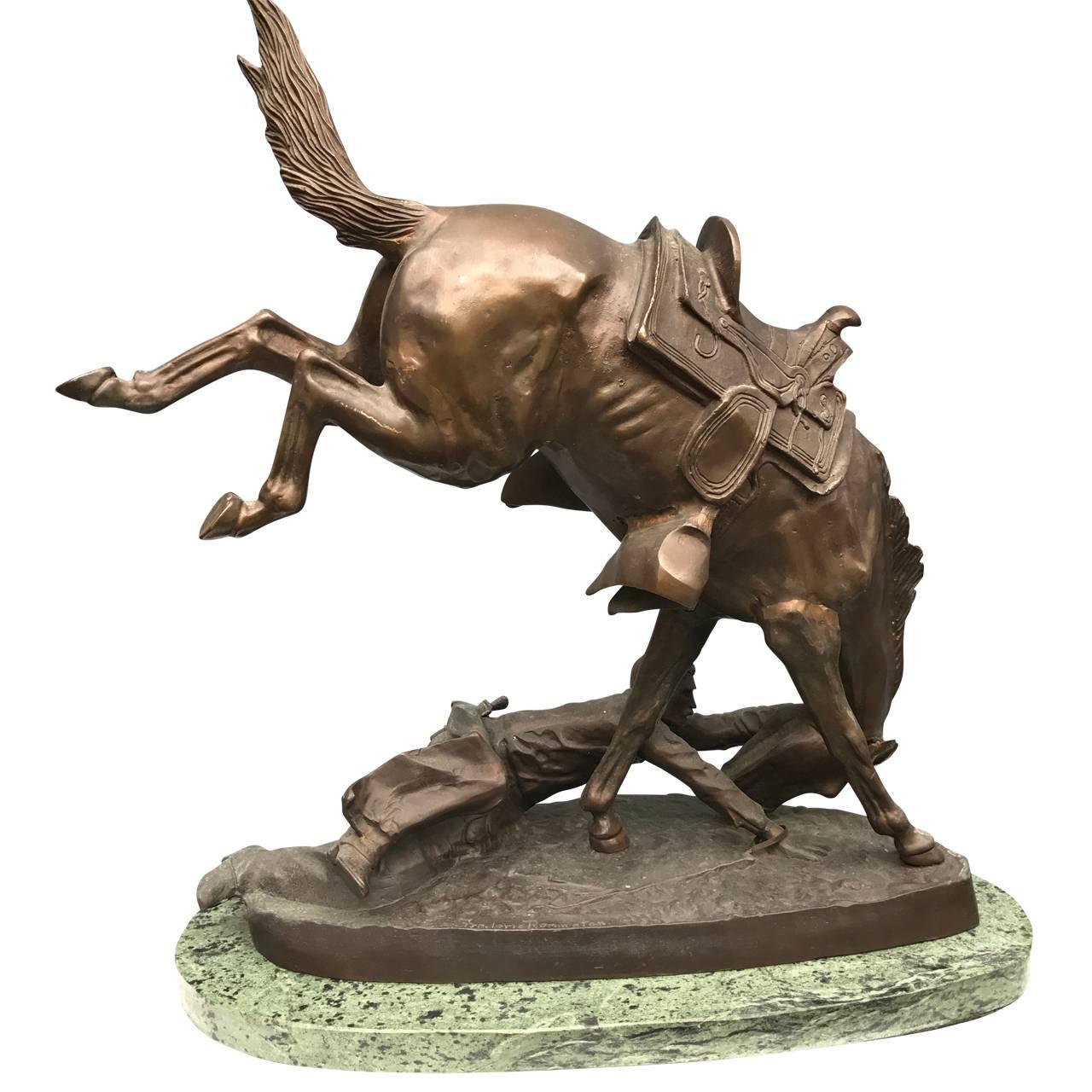 Bronze sculpture of The Wicked Pony, western cowboy by Frederic Remington on a oval marble base, Signed.

$125 flat rate front door delivery includes Washington DC metro, Baltimore and Philadelphia