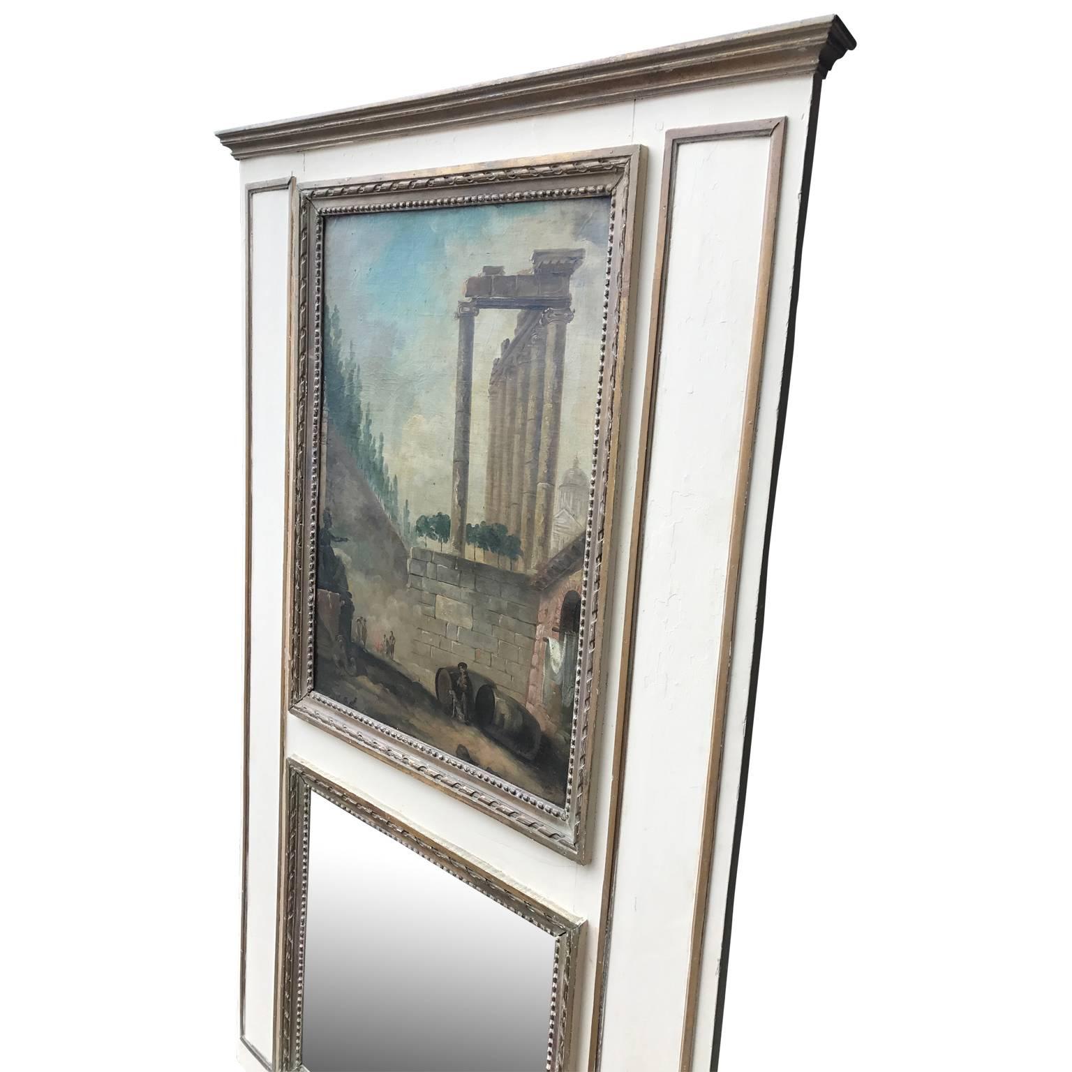 Large period mirror with period architectural oil painting on wood. The white paint is of later date and there are signs of period paint underneath. 

.