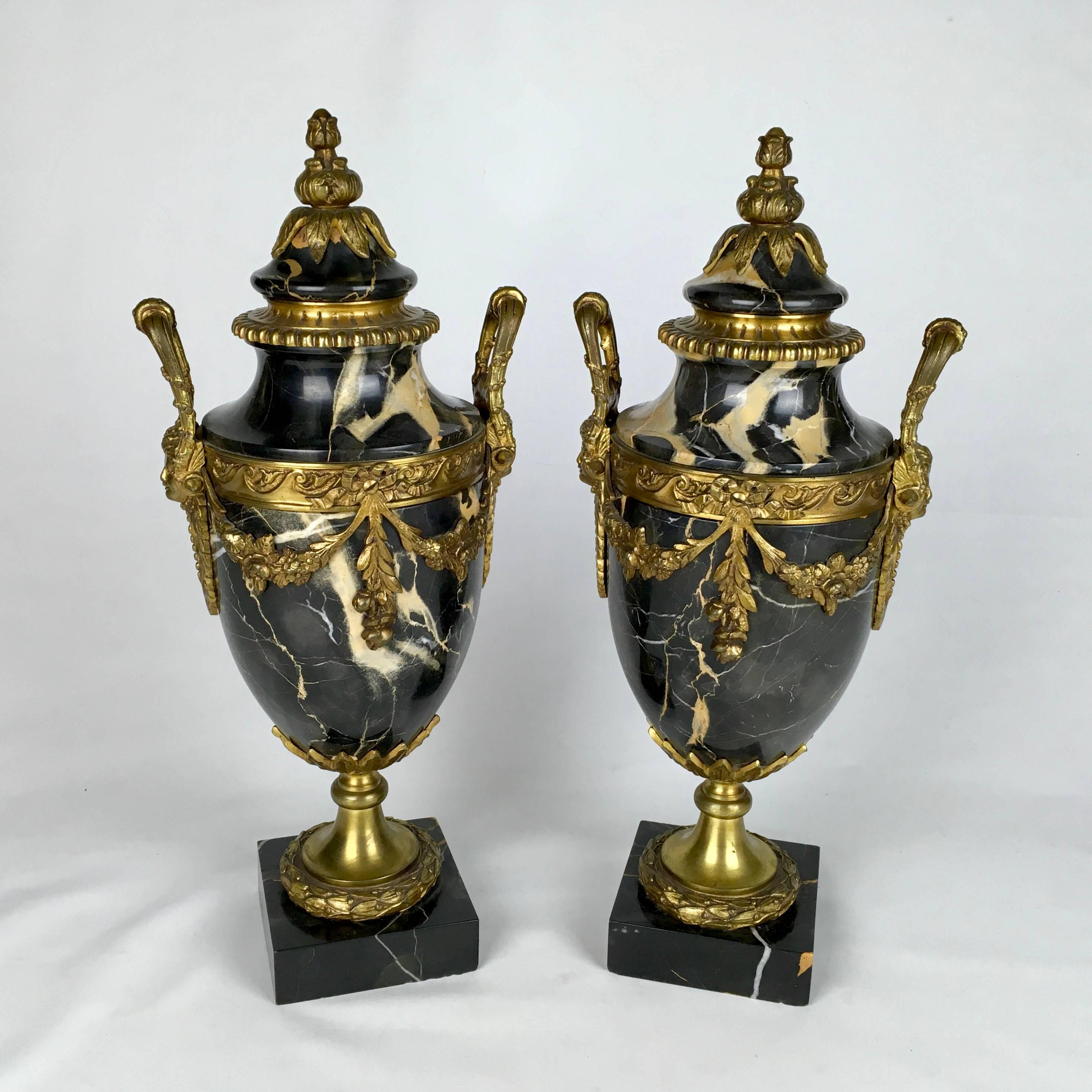 Antique Pair of French Louis XVI Style Marble Urns Gilt Bronze Ormolu Mounts In Excellent Condition In Haddonfield, NJ