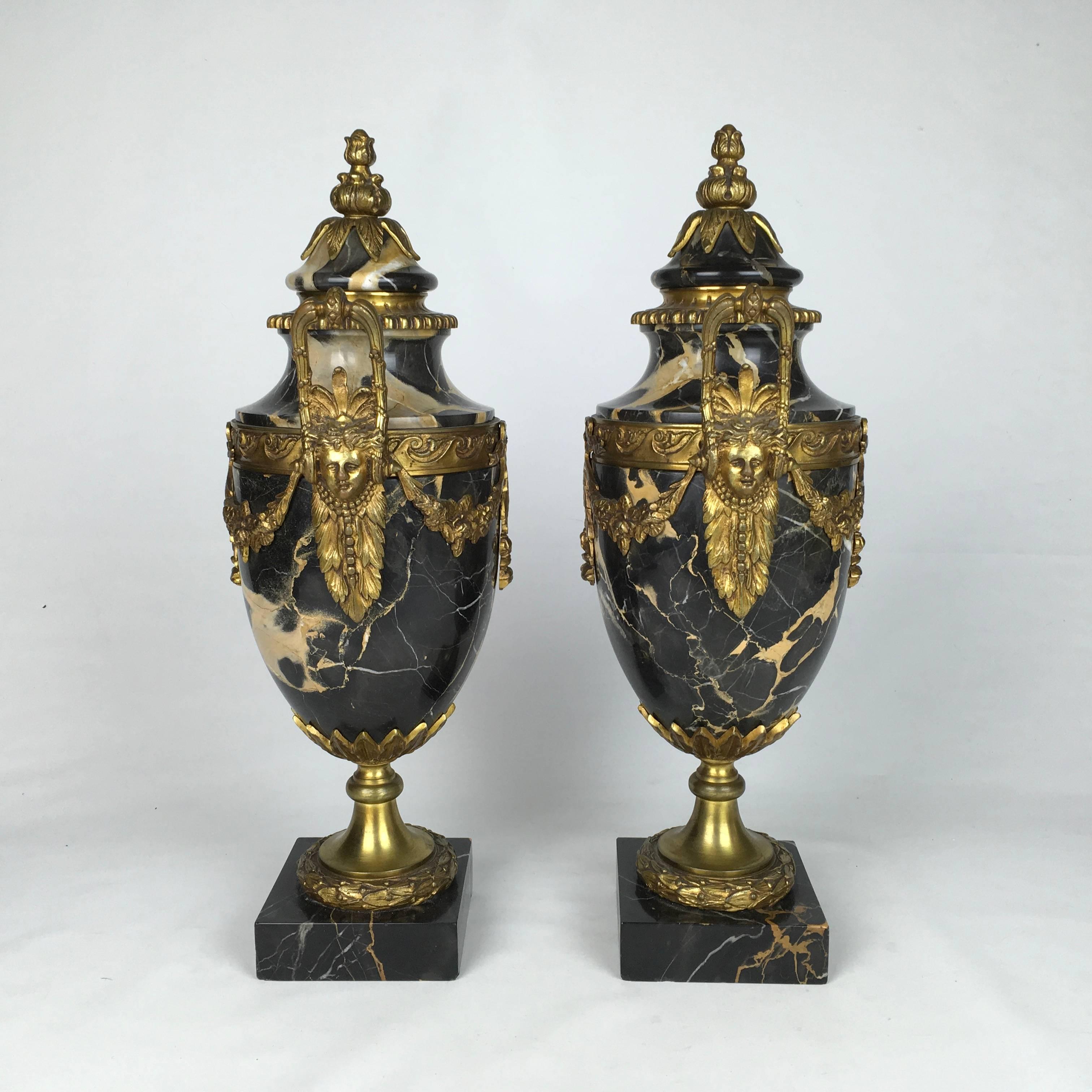 18th Century Antique Pair of French Louis XVI Style Marble Urns Gilt Bronze Ormolu Mounts