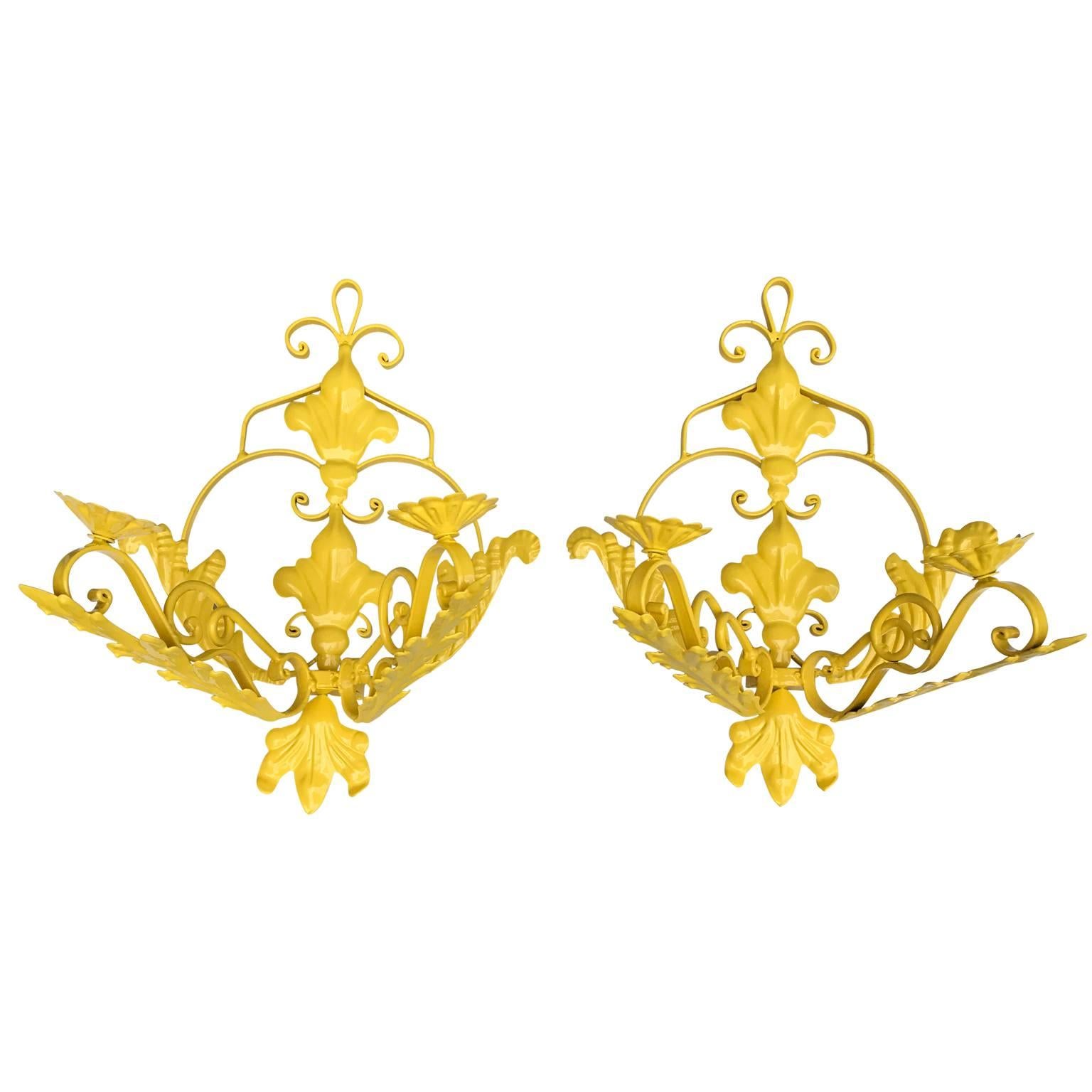 Pair Of Bright Sunshine Yellow Wall Sconces 