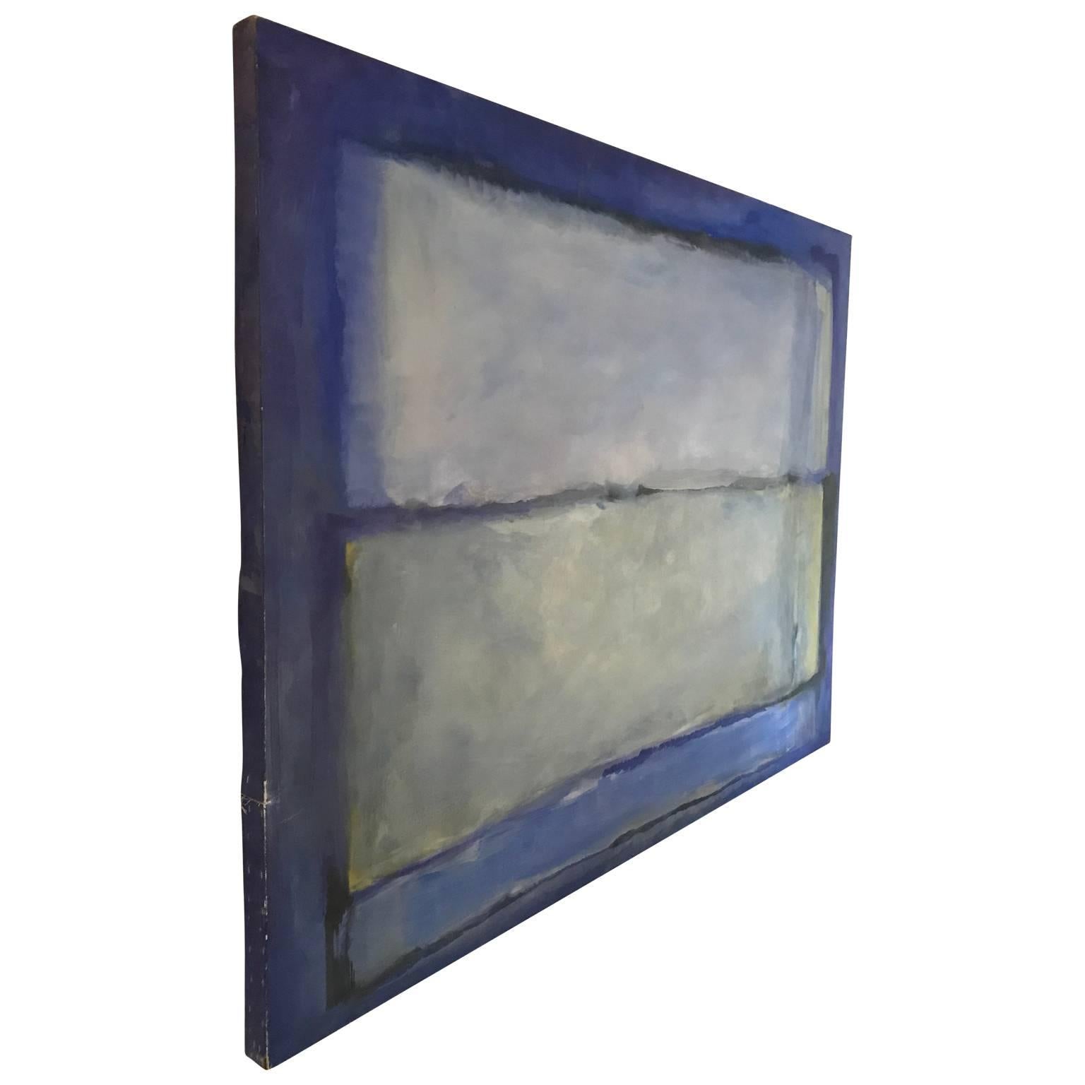 Large blue Rothko-style wall painting.