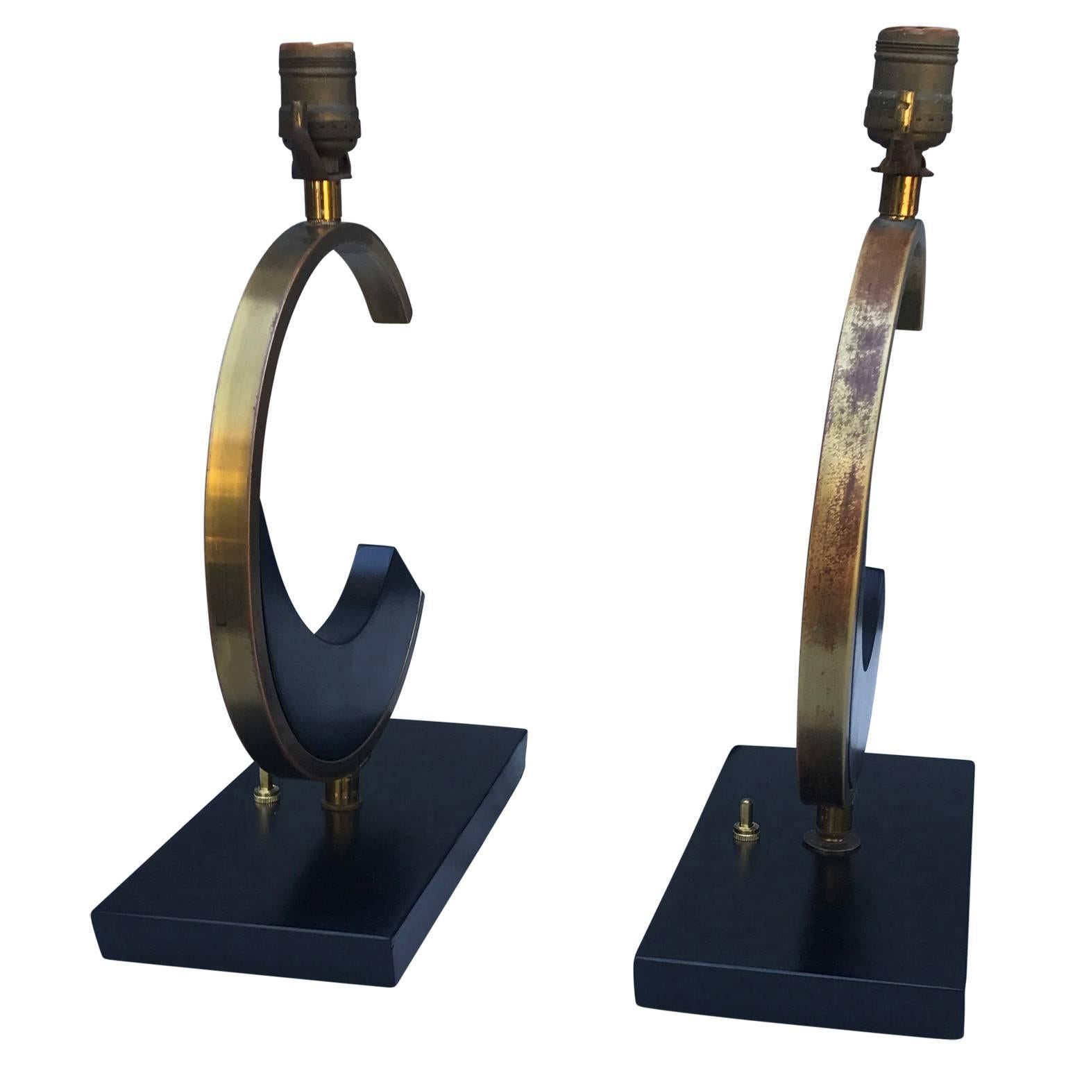 Brass Pair of Mid-Century Modern C-Shaped Table Lamps