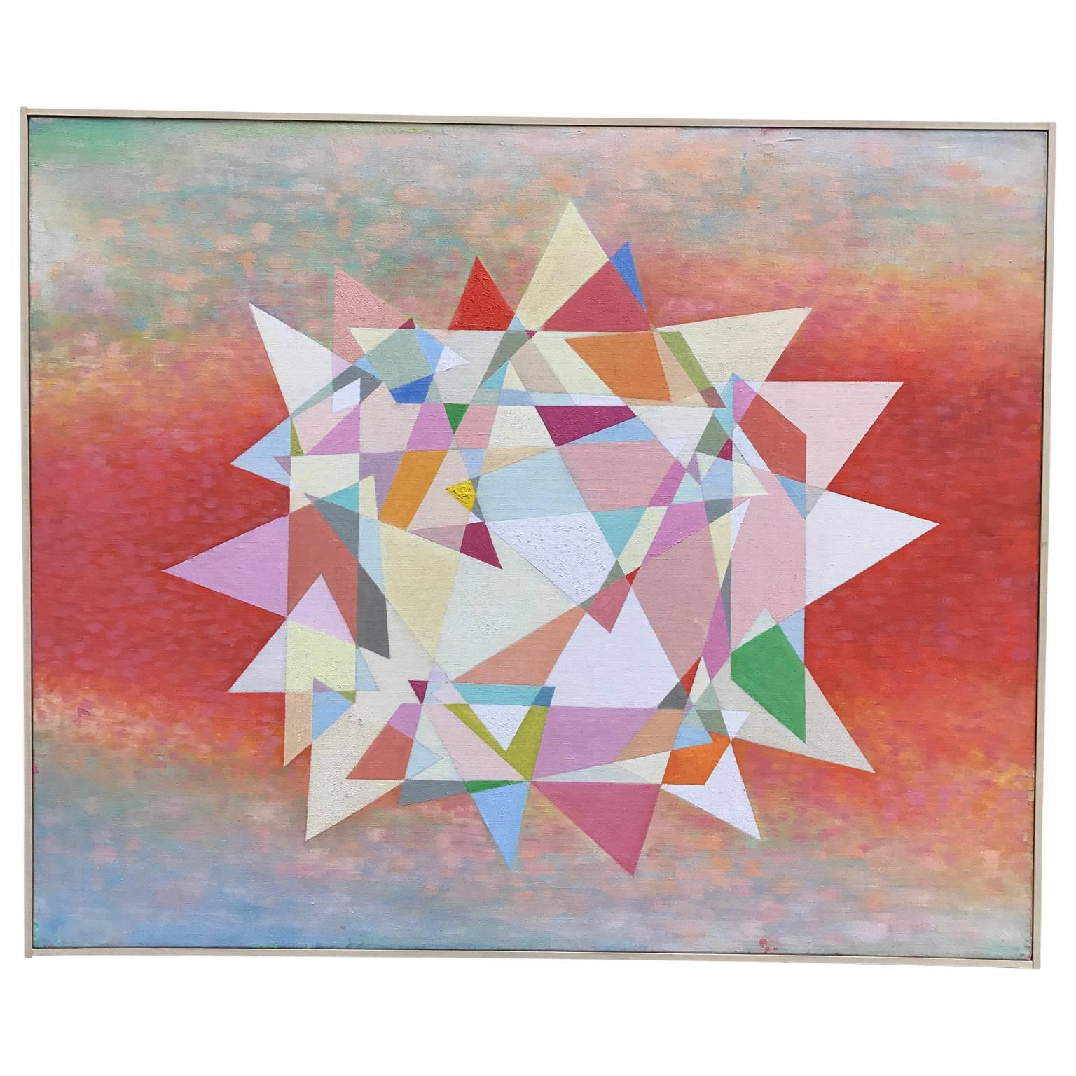 Midcentury painting with abstract prism decorations.