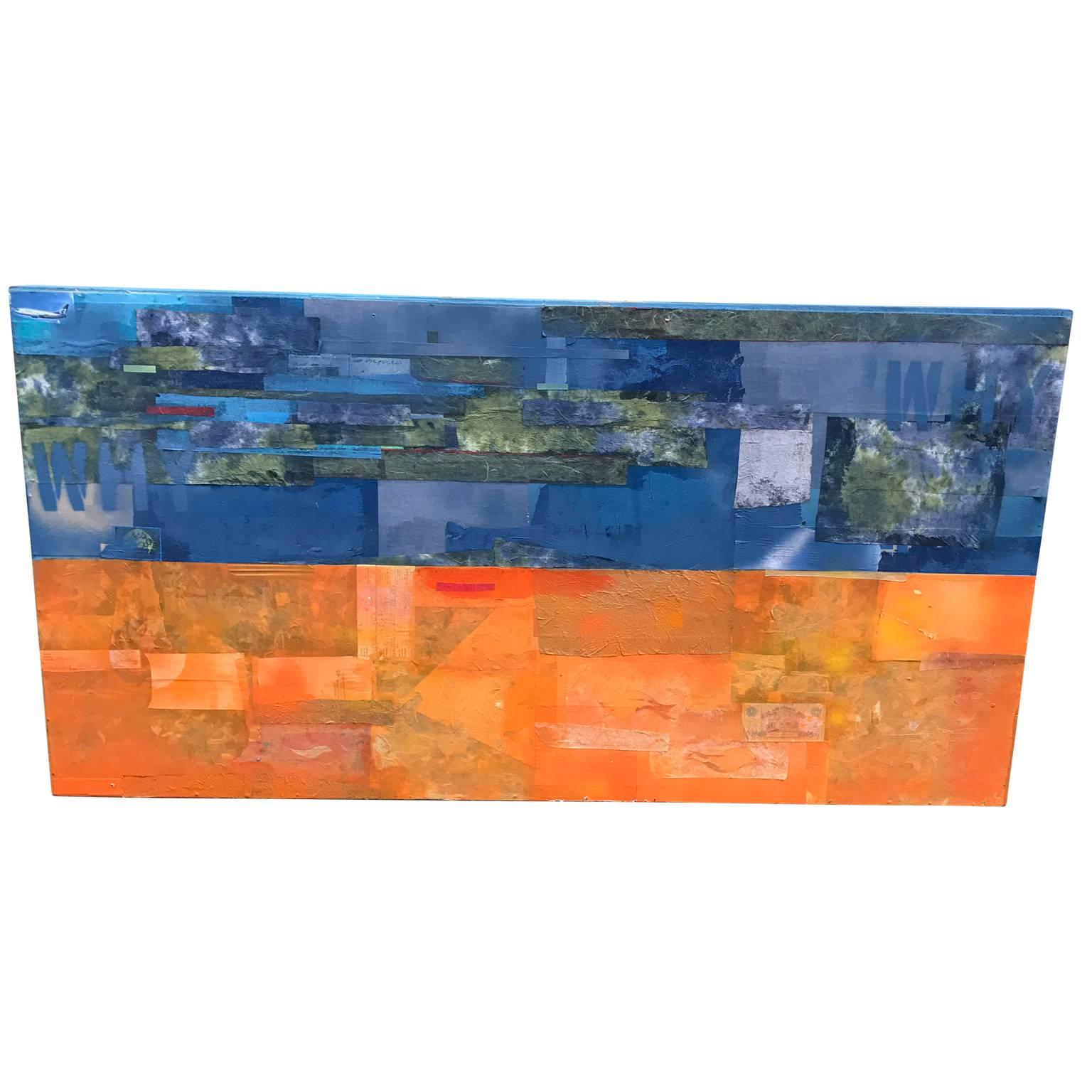 Modern Multimedia Painting of Blue and Orange Collage