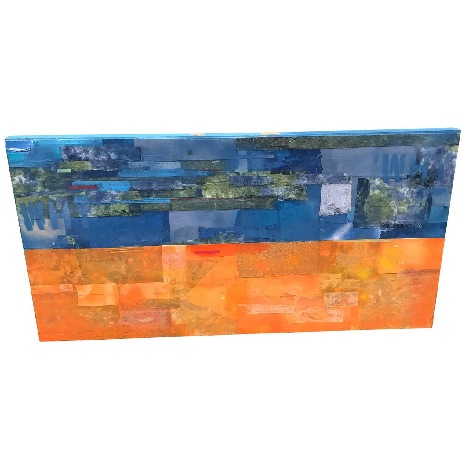 Modern multimedia wall art of a dichotomy of blue and orange collages.