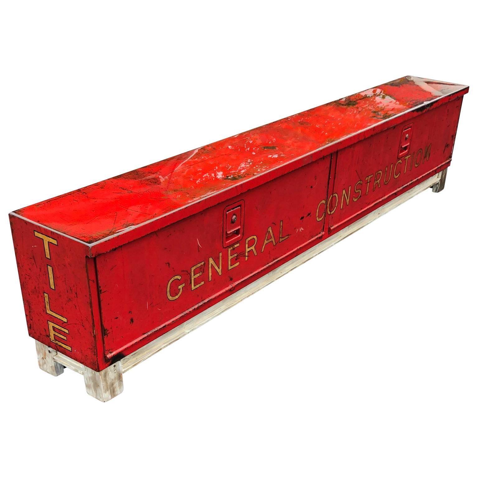 Long Red and Liquid-Glass Covered Industrial Bench