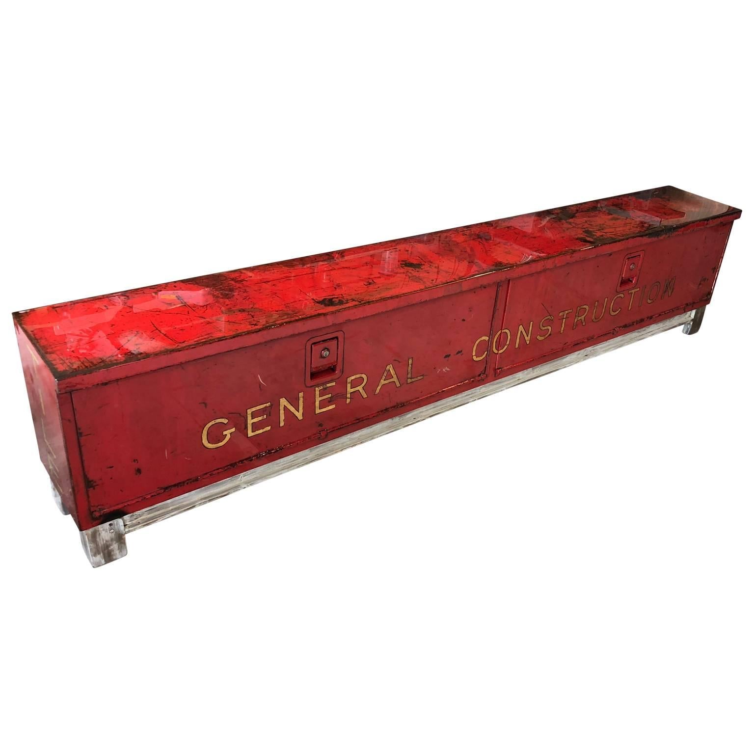 Painted Long Red and Liquid-Glass Covered Industrial Bench