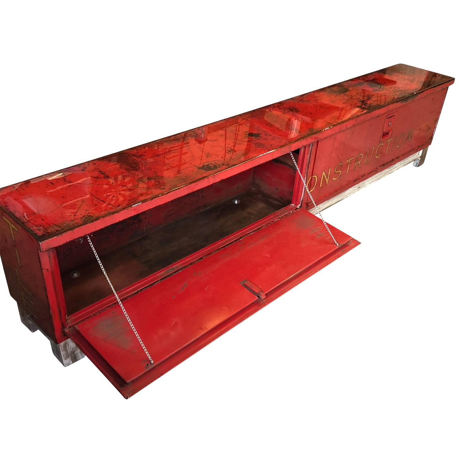 Long Red and Liquid-Glass Covered Industrial Bench In Good Condition In Haddonfield, NJ