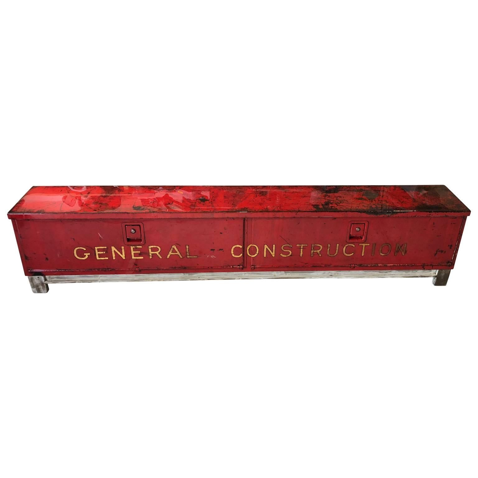 Metal Long Red and Liquid-Glass Covered Industrial Bench